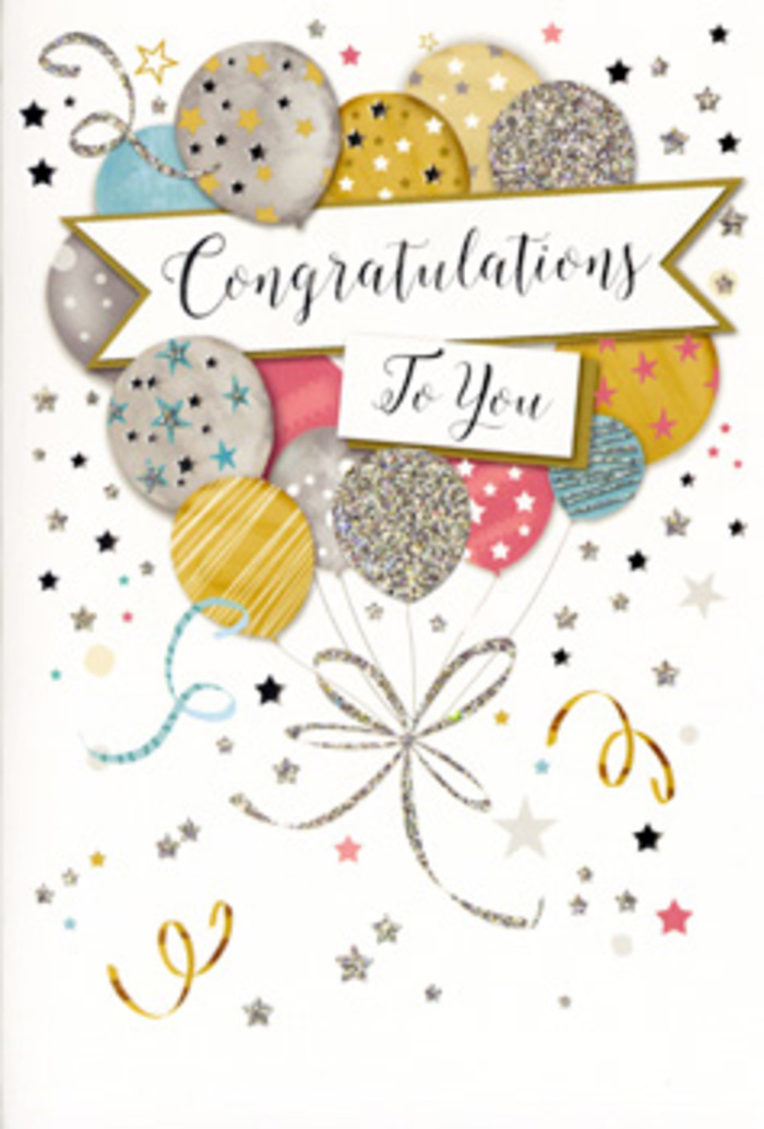 The front of this congratulations card is designed like a miniature celebration scene, composed with the same attention to balance and colour harmony that a florist brings to an arrangement. A large, gently curving banner runs across the centre, bright white against the soft background, with Congratulations To You written in ornate, looping script that glimmers subtly in gold, as if brushed on with metallic ink. Rising behind and around this banner is a lush cluster of illustrated balloons in a palette of soft metallics and pastels: warm gold, muted silver, champagne beige, airy sky blue, powder pink, and a whisper of cool grey. Each balloon is rounded and slightly translucent in appearance, with some decorated in patterns of fine stars, others with delicate horizontal stripes or scattered flecks of glitter that catch an imaginary light. The arrangement recalls the kind of tasteful party decor you might see at a smart celebration in an Emerson Park living room or along one of the tree-lined avenues. From the base of the balloon cluster, thin, graceful strings and ribbons cascade down, drawn in sweeping strokes of gold and silver that overlap like flowing lines of ivy. Around the balloons, tiny metallic stars, confetti dots, and gentle swirls drift across the pale background, adding sparkle without overwhelming the design. The composition feels airy yet meaningful, suitable for a wide range of occasions: a promotion announced over dinner, exam results shared with family, or a milestone birthday celebrated with flowers and a card delivered locally. The card carries a sense of understated glamour, combining calm, sophisticated colours with joyful details that speak of pride, admiration, and shared happiness.