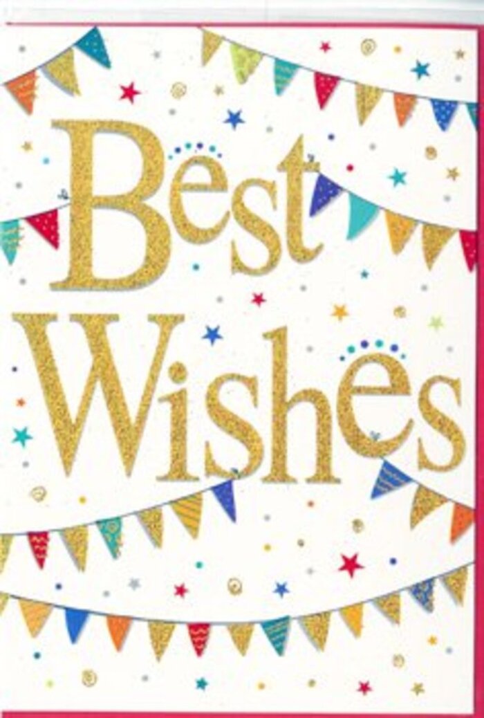 The image presents a celebratory greetings card that seems to capture the very spirit of offering congratulations in Emerson Park. At its heart, the phrase Best Wishes is written in generous, looping gold script, gleaming softly as though brushed with fine glitter or metallic foil. The lettering stands proudly against a crisp white background, each curve and swirl catching the light like sunshine glancing off car roofs along Nelmes Road after a brief shower. This rich golden centrepiece sets the tone: warm, hopeful, and sincerely upbeat. Encircling the message, delicate strings of bunting sweep in arcs across the top and bottom portions of the card, echoing the look of decorations hung for a street party or family celebration. Each pennant is a small triangle of concentrated colour-bright cerulean blue, cherry red, grassy green, and vibrant yellow-some with tiny spots or stripes that add character without overwhelming the eye. They appear to hang lightly, as if gently swaying in a quiet breeze drifting across a garden gathering near Emerson Park station. Between the bunting strands, tiny stars and dots in coordinating colours dance across the white space, scattered like festive confetti. A few of these shapes glimmer subtly, enhancing the sense of movement and giving the design a joyful, almost fizzy quality. The composition remains refined, with enough negative space to keep it elegant and versatile. You can almost imagine this card resting beside a hand-tied bouquet, ready for delivery to celebrate exam success, a new home, or a promotion. It communicates a heartfelt wish for good fortune and happiness without saying anything more than those two golden words, making it a timeless choice for sharing life's proudest moments around Emerson Park.