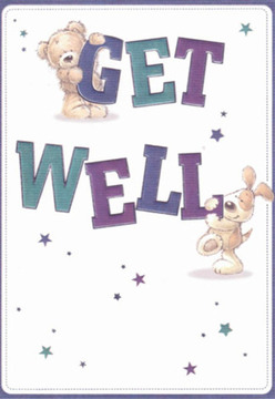 This beautifully illustrated get well card captures the heart of Emerson Park's gentle community spirit, blending artistry with a genuine wish for recovery. At its centre, a cuddly bear perches atop the playful word 'GET', paws gently pressed against bold, oversized letters shaded in jewel-like purples and calming teals. Just below, an animated puppy, soft ears flopping and eyes bright with concern, leans affectionately against the prominent 'WELL', infusing the card with a sense of joy and encouragement. The entire scene is surrounded by a constellation of tiny stars, radiant in varying tones of blue and violet, casting hopeful glimmers across a pristine white background reminiscent of a freshly laundered tablecloth at an Emerson Park coffee shop. The artwork's comforting palette and rounded contours evoke the cosiness of a favourite blanket and the care found in every floral delivery made across local streets. The gentle interplay of colour and line brings an uplifting calm, much like a softly scented bouquet chosen for its restorative beauty. Nearby woods and gardens inspire the stars and gentle energy, turning this card into a small celebration of the community's compassion. Entrusted to a friend or loved one recovering in Emerson Park, it offers not just good wishes but the tangible embrace of warmth, hope, and a reminder that care and kindness bloom all around us.