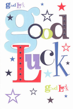 This vibrant good luck card, a favourite among Emerson Park's local well-wishers, radiates with a confident sense of encouragement. The eye is drawn first to an oversized, baby-blue 'g', playful yet grounding, while a medley of bold reds and saturated purples adds joyful energy to the composition. The card's smooth, white surface is dotted with a constellation of stars-from deep indigos and shimmering sky-blues to pastel lavenders-mirroring the creative spark found during springtime strolls around Emerson Park's tree-lined avenues. Each star seems to dance across the background, reminiscent of wishes quietly made before a performance at a local recital or in anticipation of exciting news. The carefully balanced fonts and contemporary design do more than convey a message; they express a genuine sense of belief and witness. Touching the card, you can feel the refined quality, inviting to the hand, as though every curve and color was chosen by a florist for the perfect finishing touch. This is more than stationery; it's a meaningful token of optimism and support, well-suited for celebrating those new journeys made in and around the Emerson Park area.