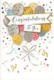 This congratulations card features an artful bouquet of illustrated balloons that fills nearly the entire front, echoing the way a florist might cluster blooms for maximum impact. A pristine white banner floats confidently across the centre, gently curved like a ribbon in motion, inscribed with the phrase Congratulations To You in an elegant, flowing calligraphy accented with golden tones. Behind and around this banner, balloons in varying sizes layer together in harmonious shades of glimmering gold, soft silver, creamy champagne, powder blue, blush pink, and pale grey, each one outlined and detailed with care. Some balloons are sprinkled with tiny twinkling stars, others are dressed in fine stripes or dotted with glitter-like specks, giving the impression of texture even though the surface is smooth to the touch. Slender strings and curly ribbons trail down from the cluster, rendered in fine lines of metallic gold and silver that twist and overlap, echoing the casual tumble of ribbons at a celebration in a cosy Emerson Park home. Scattered throughout the background, minuscule stars, confetti dots, and swirling motifs drift weightlessly across the pale, almost ivory backdrop, suggesting movement and the light-hearted energy of a party in full swing. The overall mood is joyful but tastefully restrained, with a modern, polished style that would suit everything from professional achievements to personal milestones. Paired with a fresh bouquet delivered locally, this card would perfectly capture that mix of pride, warmth, and genuine happiness that comes with saying well done to someone who has truly earned it.