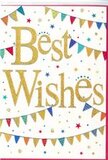 This image shows a lively, uplifting congratulations card whose design feels perfect for marking milestones and new beginnings in Emerson Park. At the centre, the phrase Best Wishes is written in bold, flowing gold script, its metallic shine catching the eye like evening light glinting on the windows of homes along Butts Green Road. The letters are slightly raised, so the golden strokes cast the faintest of shadows onto the pristine white background, giving the message a sense of depth and importance. Framing this central greeting, two main sweeps of colourful bunting arc gracefully across the card, one near the top and another closer to the bottom. Each tiny triangular flag is painted in rich, saturated tones-vivid blues, reds, greens, and yellows-some adorned with playful patterns of dots or stripes. They feel reminiscent of decorations strung up for a birthday gathering in a local garden or a summer celebration near Harrow Lodge Park, lightly fluttering in an imagined breeze. Between and around these bunting strands, small stars and confetti dots are scattered like joyful afterthoughts. Their colours echo the bunting, and a few carry a subtle sparkle, suggesting that this moment of congratulations is anything but ordinary. The composition is bright and festive yet retains a quiet elegance, thanks to the clean white space that lets every detail breathe. It's easy to picture this card nestled alongside a bouquet prepared for same-day delivery, perhaps welcoming a new baby, honouring exam results, or celebrating a fresh chapter in someone's life here in Emerson Park, carrying with it a sincere wish for happiness, luck, and continued success.